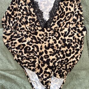 SHEIN Leopard Print Lace Trim Bodysuit in Tan and Black